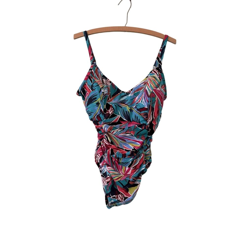 Aqua Green Size XL Tropical Print Shirred Side Seams V-Neck One Piece Swimsuit